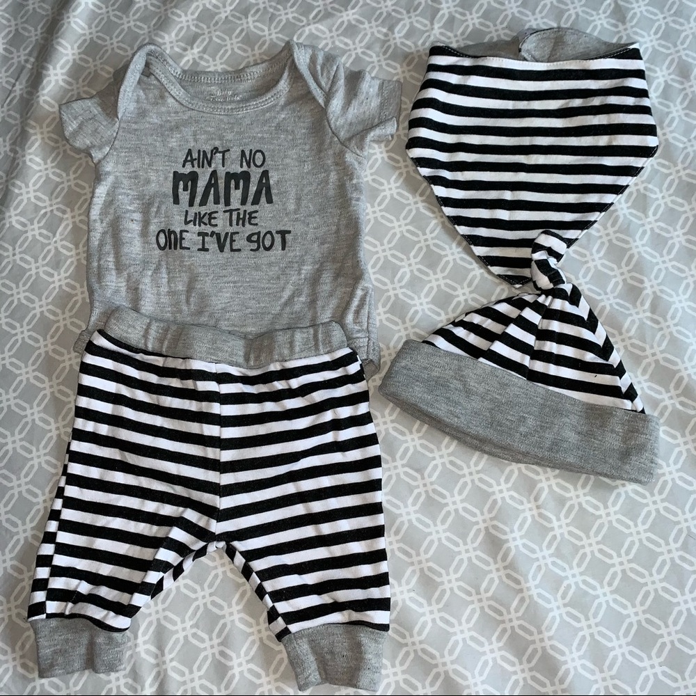 3 month set onesie, pant and hat.